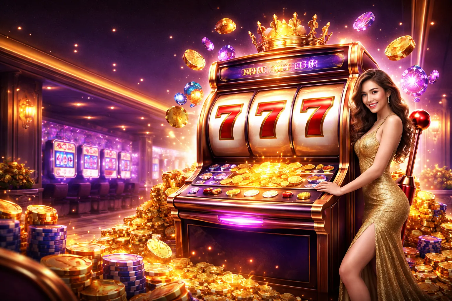 Hình ảnh banner chính với máy slot 7clubs Bet rực rỡ, biểu tượng jackpot và tiền xu vàng bay lượn, tạo không khí chiến thắng hứng khởi, màu sắc chủ đạo xanh lá và vàng.